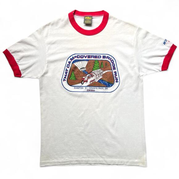 Vintage Other - True Vintage 80s Jerzees Dam Covered Bridge Run Motorcycle Race Ringer T Shirt M
